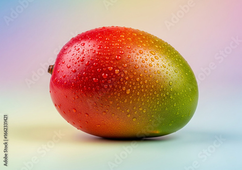 Vibrant mango with water droplets on a colorful gradient background