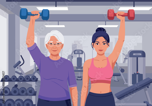 Senior woman and young woman lifting dumbbells in gym workout session vector illustration 
