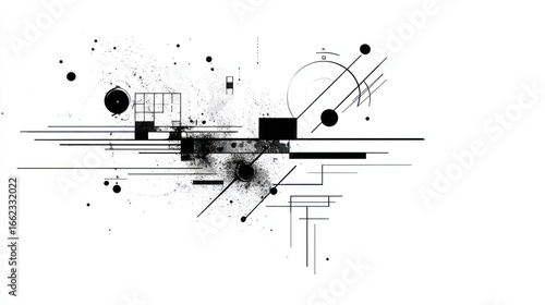 Abstract linear composition with geometric shapes, splatters on a stark white backdrop