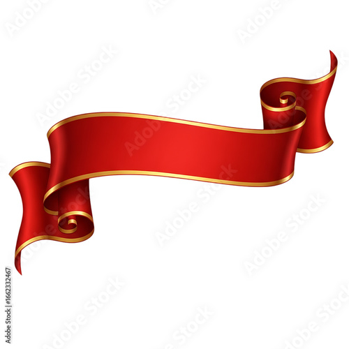 Illustration of elegant red ribbon banner with gold trim, curved and rolled ends, isolated on transparent background
