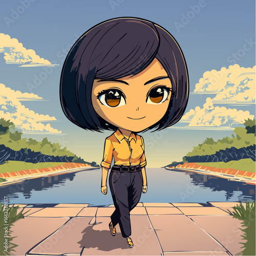 serene cartoon icon guiding riverbank mindfulness walks after OCD healing in Shenzhen