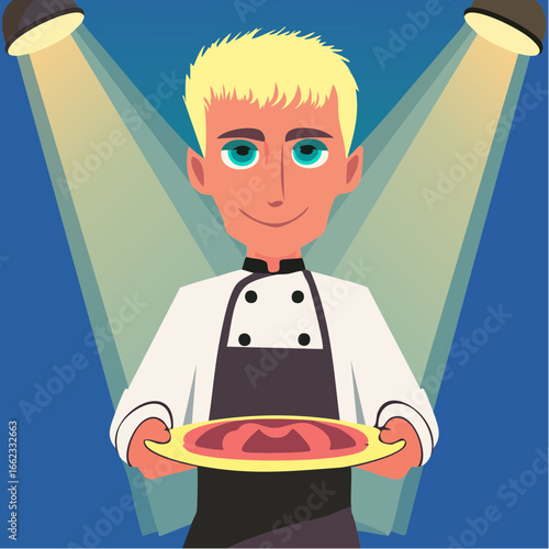 exuberant cartoon icon serving joyful recovery feasts after bipolar breakthrough in Stockholm kitchen