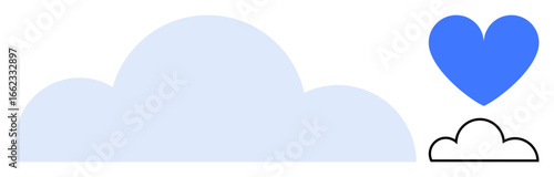 Large blue cloud, smaller outlined cloud, blue heart above. Ideal for nature, technology, data storage, communication, love, creativity simple landing page
