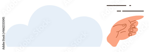 Hand pointing at a cloud symbolizing digital connectivity, cloud technology, or creativity. Ideal for innovation, data storage, online services, technology, teamwork direction progress. Simple flat
