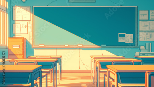 日本の学校の教室を描いた無人のイラスト。黒板、机、椅子が整然と並ぶ懐かしい風景で、学びや教育、勉強、学校生活、放課後の静けさを象徴するデザイン。教材、学習塾、教育関連資料や背景素材としても使える抽象的で普遍的なイメージ。