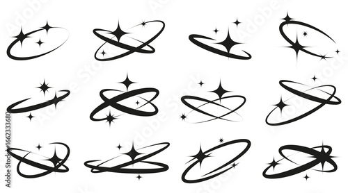 Set of star and orbit icons. Collection of black stars with orbit patterns in different designs. Vector elements perfect for celestial, space, astronomy, and cosmic themes.