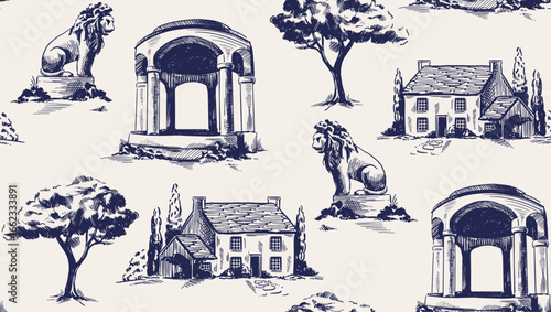 Vintage Victorian Seamless Pattern. Repeating ornament in Toile de jouy style with retro statue, manor house and gazebo with columns. Hand drawn vector illustration