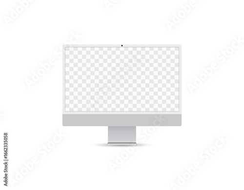 Minimalist Silver computer monitor mockup set with transparent screen, perfect for digital product display, branding, and web design presentations.	
