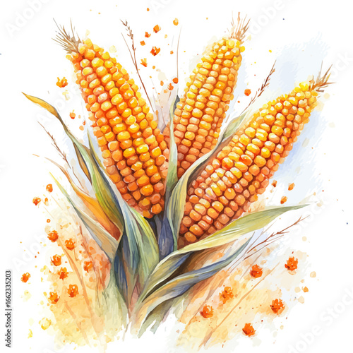 watercolor of Harvest Corn Stalks, vector, isolated on a white background.