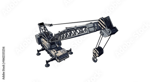 Isometric view of a large crane with a hook and striped accents against a plain white background on transparent background