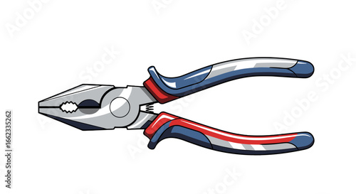 Illustration of combination pliers with grey metal and red and blue handles on a white background on transparent background