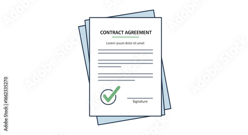 Contract agreement document with signature and check mark on a stack of papers for legal approval process on transparent background