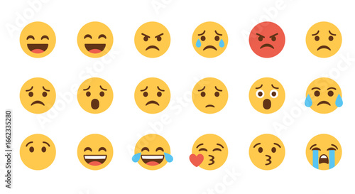 Collection of various yellow circular emoji icons displaying different emotional expressions and feelings on transparent background