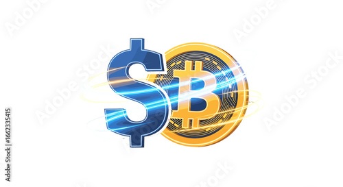 A dollar sign and bitcoin symbol with blue and yellow light streaks representing financial transactions on transparent background