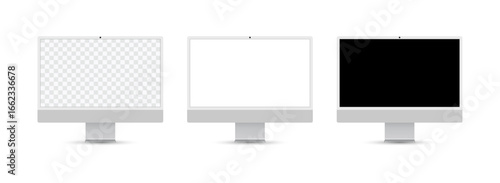 PCMinimalist computer monitor mockup set with transparent, white, and black screens, perfect for digital product display, branding, and web design presentations.