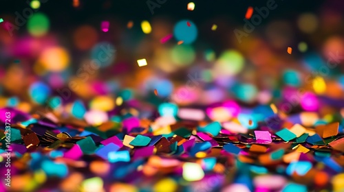 Vibrant multi-colored confetti falling with festive bokeh lights.