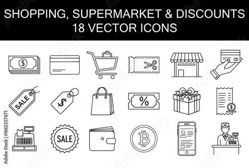 set of 18 shopping, buying, supermarket, discount icons, vector file