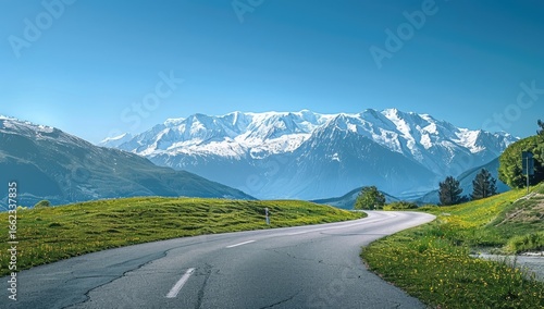 Mountain road curves through alpine meadow, scenic snow-capped peaks backdrop; travel postcard