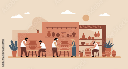 Pottery crafting session artisan studio illustration creative space side view cultural heritage. Vector illustration