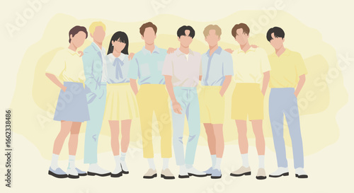 Group of friends posing together studio digital illustration colorful background eye-level view youthful vibe. Vector illustration