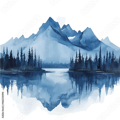 Frozen Lake Reflections, watercolor painting vector, isolated on a white background.