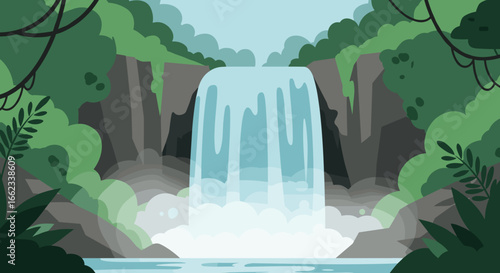 Majestic waterfall cascading through lush green jungle nature illustration serene environment aerial view peaceful concept. Vector illustration