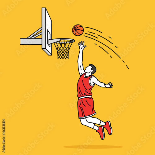 basketball player vector illustration, slam dunk action, sports concept, flat design, yellow background 