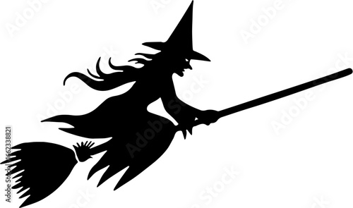 A black silhouette illustration of a witch flying on a broomstick, wearing a pointed hat and flowing cloak