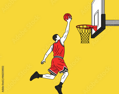 Basketball player vector illustration, slam dunk action, yellow background, sports Concept 