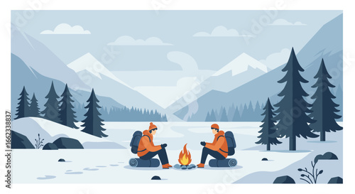 Camping adventure in a snowy landscape two friends around a campfire winter environment tranquil viewpoint. Vector illustration