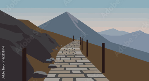 Hiking adventure path mountain landscape digital artwork serene environment wide angle view nature exploration. Vector illustration