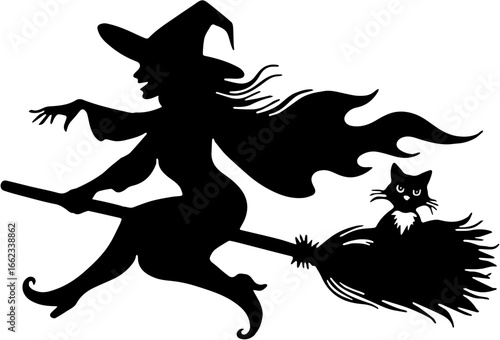 Witch Silhouette Flying with Broom and Black Cat

