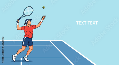 Tennis player serving vector illustration sport athlete action on blue court background design concept 