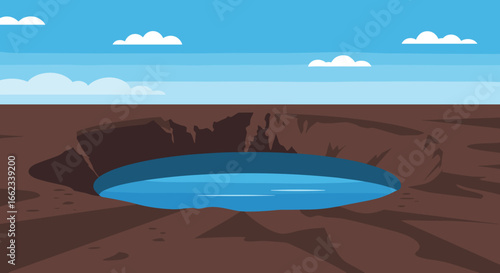 Sinking pool formation nature landscape graphic illustration calm environment aerial view geological concept. Vector illustration