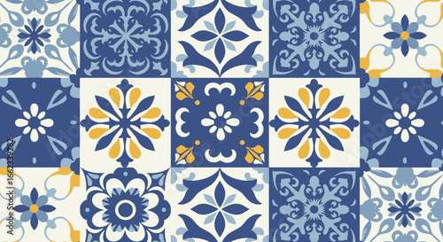 Elegant decorative tile patterns in blue and yellow interior design inspiration graphic art elegant environment aesthetic viewpoint. Vector illustration