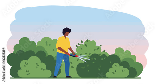 Gardening action pruning bushes backyard illustrative content green environment close-up view outdoor concept. Vector illustration