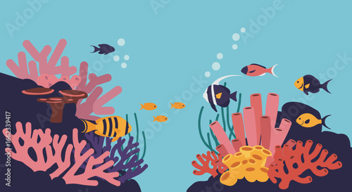 Vibrant coral reef ecosystem underwater scene digital artwork marine environment colorful viewpoint ocean concept. Vector illustration