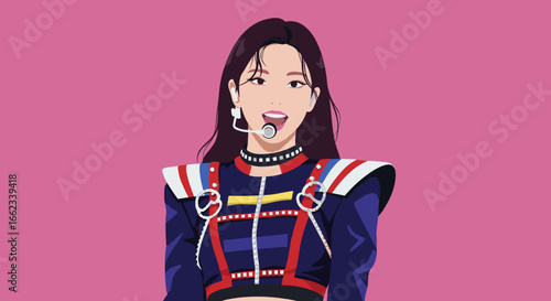 Dynamic performance by animated character digital art colorful background engaging viewpoint music concept. Vector illustration
