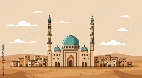 Exploring historical architecture of a grand mosque in the desert digital art serene environment bird's eye view. Vector illustration