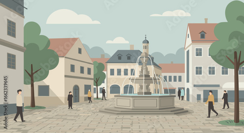 People strolling around a fountain in a quaint european town square digital illustration urban setting aesthetic viewpoint. Vector illustration