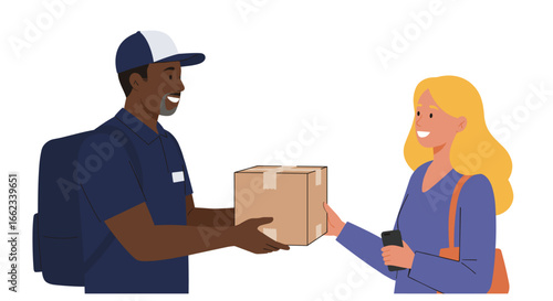 Delivery action by smiling courier to happy customer urban setting digital illustration engaging concept. Vector illustration
