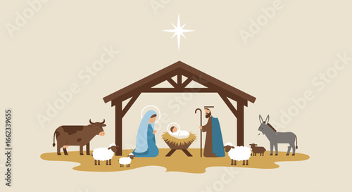 Nativity scene depicting the birth of jesus bethlehem digital illustration peaceful setting aesthetic viewpoint religious theme. Vector illustration