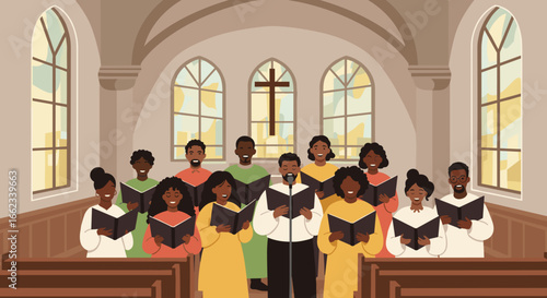 Choral performance by diverse singers church setting illustration inspirational environment close-up view community harmony. Vector illustration