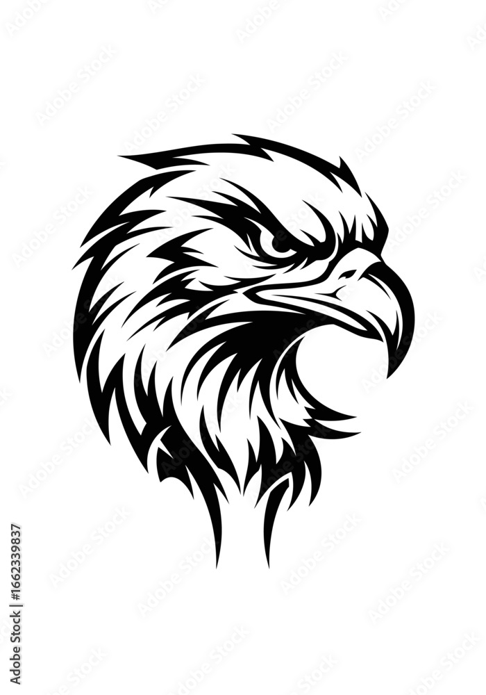 Fototapeta premium A powerful black and white graphic illustration of a fierce eagle's head in a stylized, tribal design.