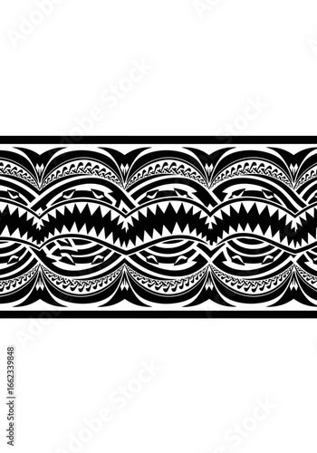 A detailed black and white Polynesian tribal tattoo border, featuring intricate wave patterns and traditional shark teeth motifs.