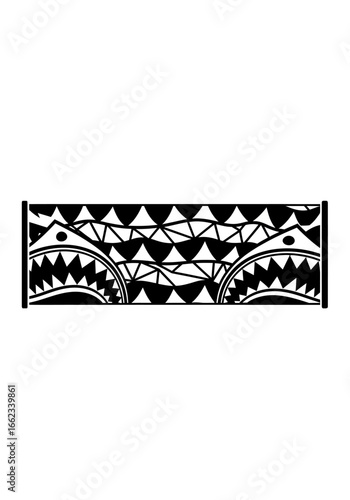 Polynesian tribal armband tattoo design featuring two symmetrical stylized shark heads with sharp teeth and geometric patterns.