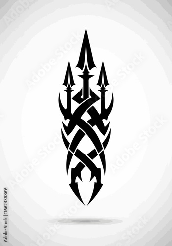 Stylized black ink illustration of a mythological trident with an intricate, symmetrical tribal knot pattern.