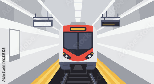 Train arriving at underground station urban transport digital illustration futuristic environment eye-level view motion concept. Vector illustration