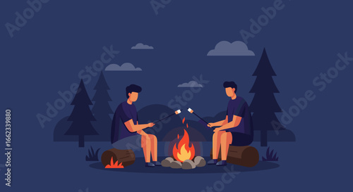 Camping adventure toasting marshmallows by the fire forest setting digital illustration. Vector illustration