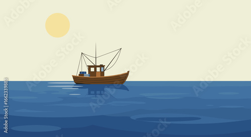Fishing boat at sea during sunset tranquil water digital illustration coastal environment aerial view nautical concept. Vector illustration